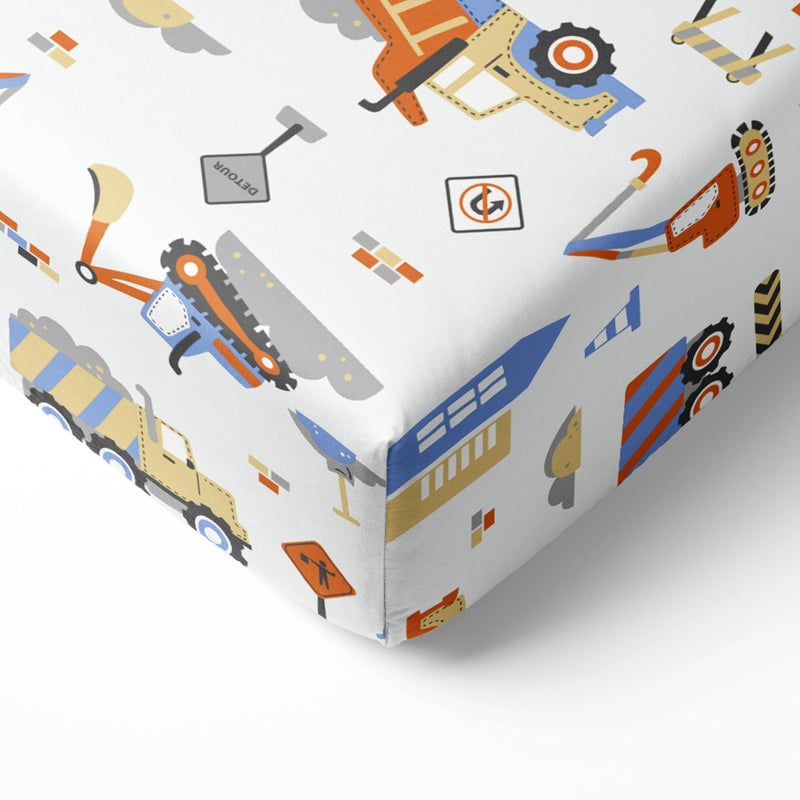 Bacati Crib Fitted Sheet - Construction Multicolor - Silky Soft Breathable 100% Cotton Percale Baby Sheets - Fits Standard 28 x 52 X 5 inches Crib & Toddler Mattresses - Image 1